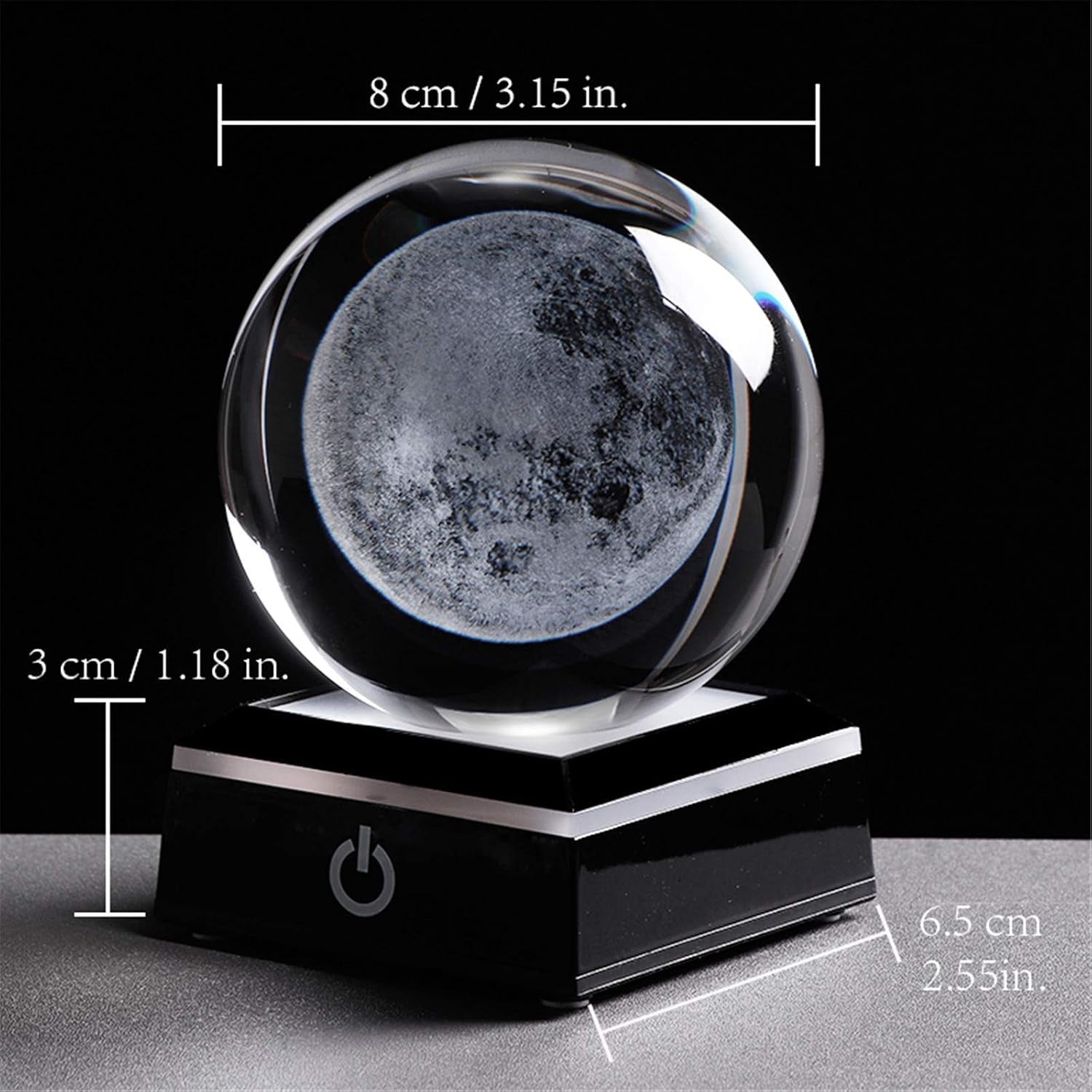 3D Moon Model Crystal Ball Led Lamp Base - Space Decor World Globe Planets Sphere Night Light 80Mm 3.15 Inch - Solar System Decor Best Birthday Astronomy Gifts for Men Physics Science Teacher