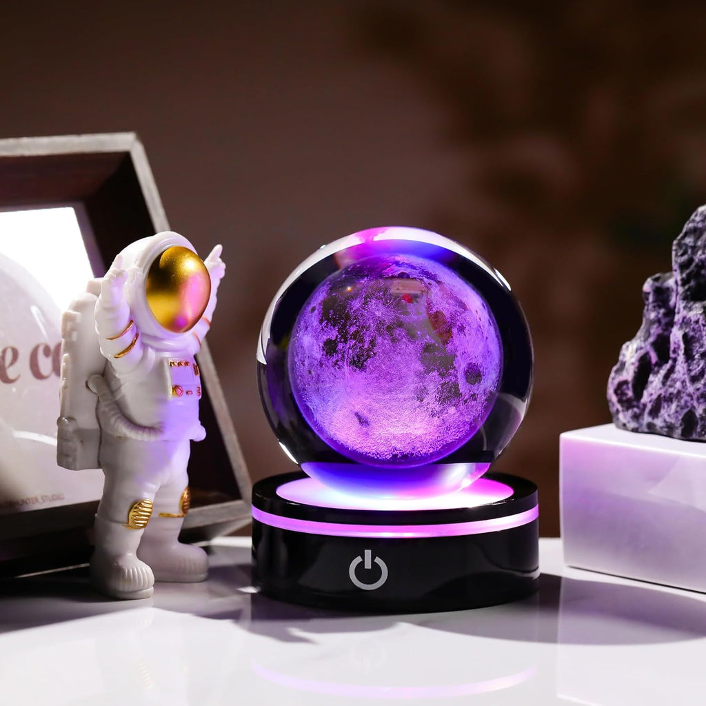 3D Moon Model Crystal Ball Led Lamp Base - Space Decor World Globe Planets Sphere Night Light 80Mm 3.15 Inch - Solar System Decor Best Birthday Astronomy Gifts for Men Physics Science Teacher