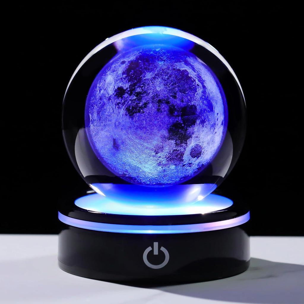 3D Moon Model Crystal Ball Led Lamp Base - Space Decor World Globe Planets Sphere Night Light 80Mm 3.15 Inch - Solar System Decor Best Birthday Astronomy Gifts for Men Physics Science Teacher