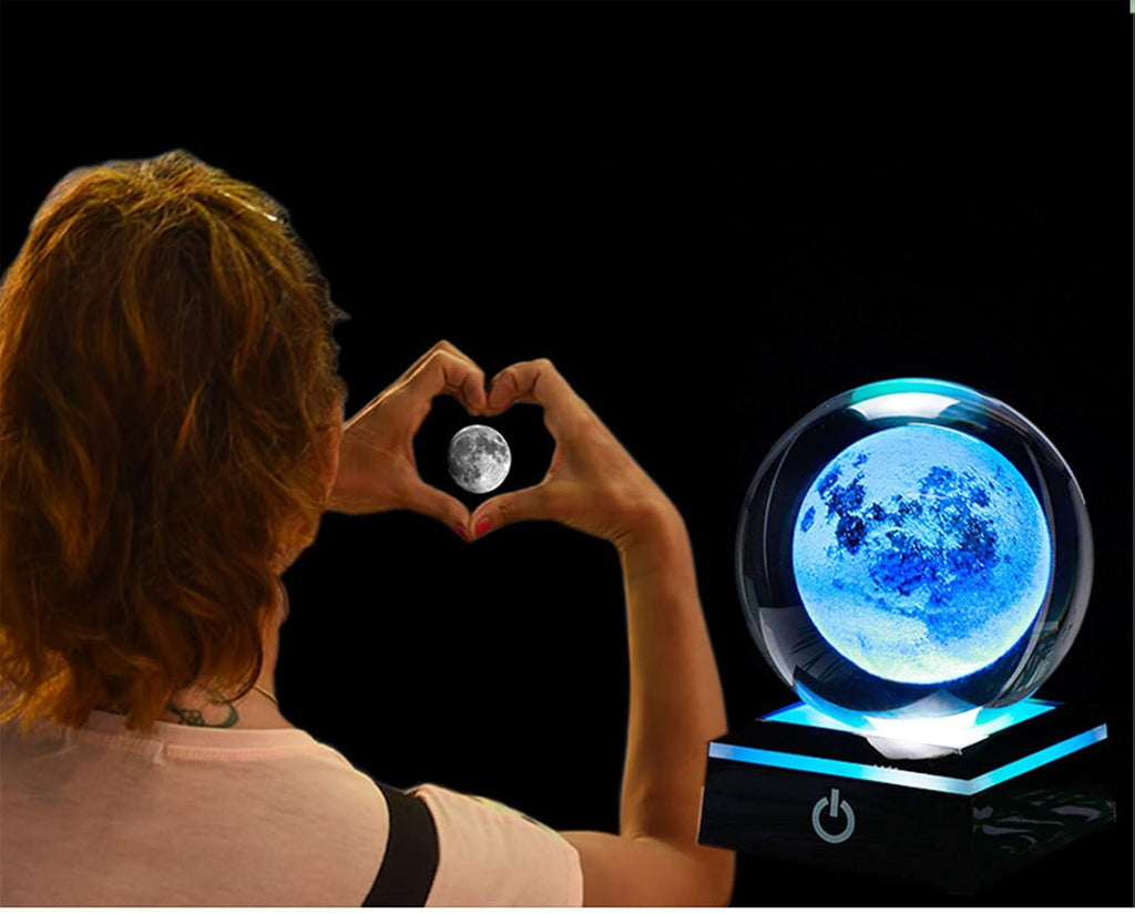 3D Moon Model Crystal Ball Led Lamp Base - Space Decor World Globe Planets Sphere Night Light 80Mm 3.15 Inch - Solar System Decor Best Birthday Astronomy Gifts for Men Physics Science Teacher