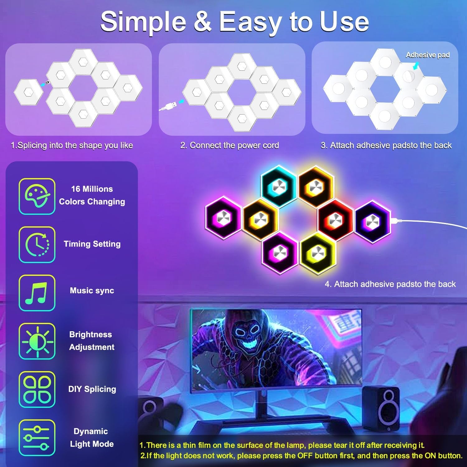 10 Pack Hexagon Lights Wall RGBW Panel - Hexagonal Led Lights Room Decor Wall Lights，With Smart APP Music Sync Honeycomb Shape Panels Hexagon for Gaming Lights Bedroom Children Decor