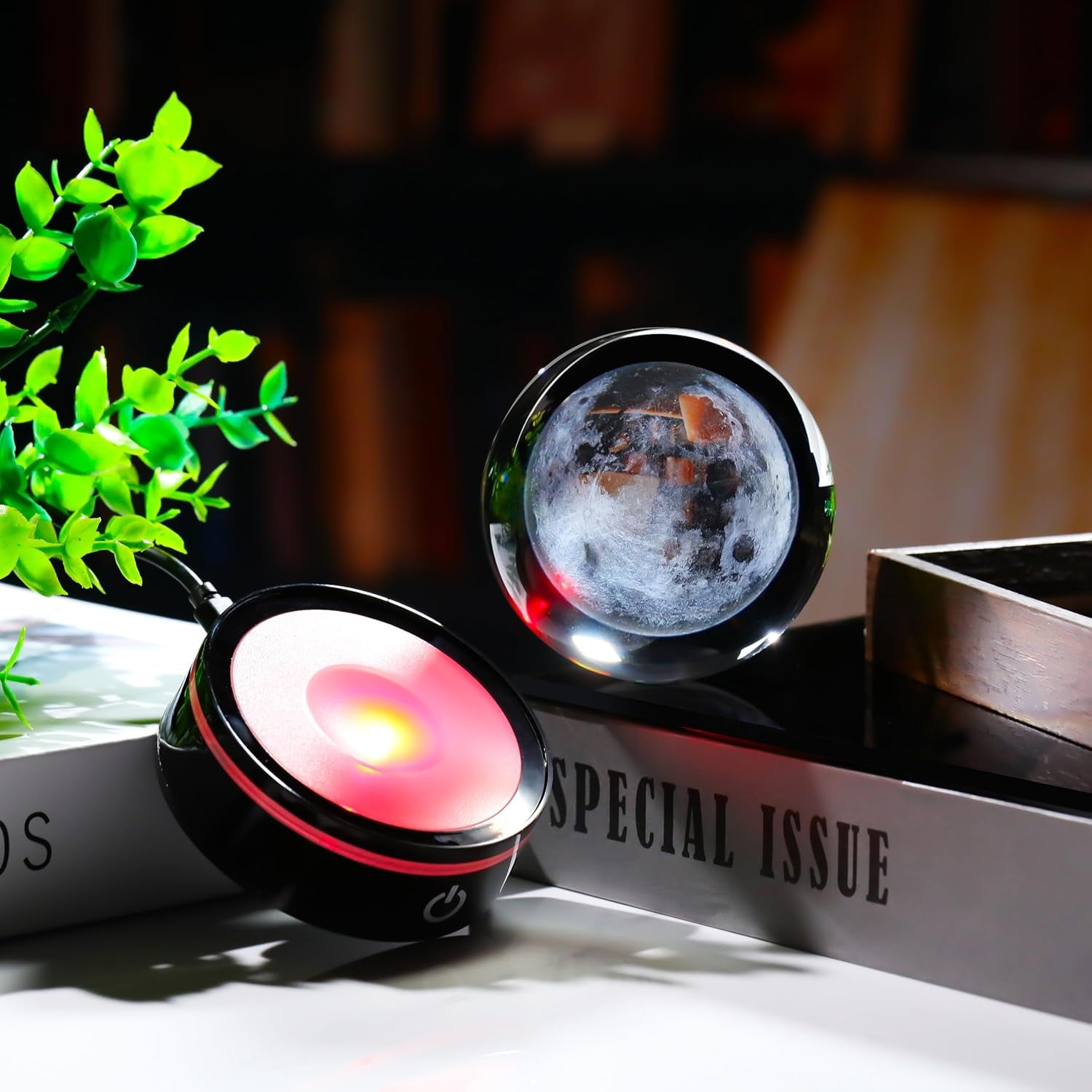 3D Moon Model Crystal Ball Led Lamp Base - Space Decor World Globe Planets Sphere Night Light 80Mm 3.15 Inch - Solar System Decor Best Birthday Astronomy Gifts for Men Physics Science Teacher