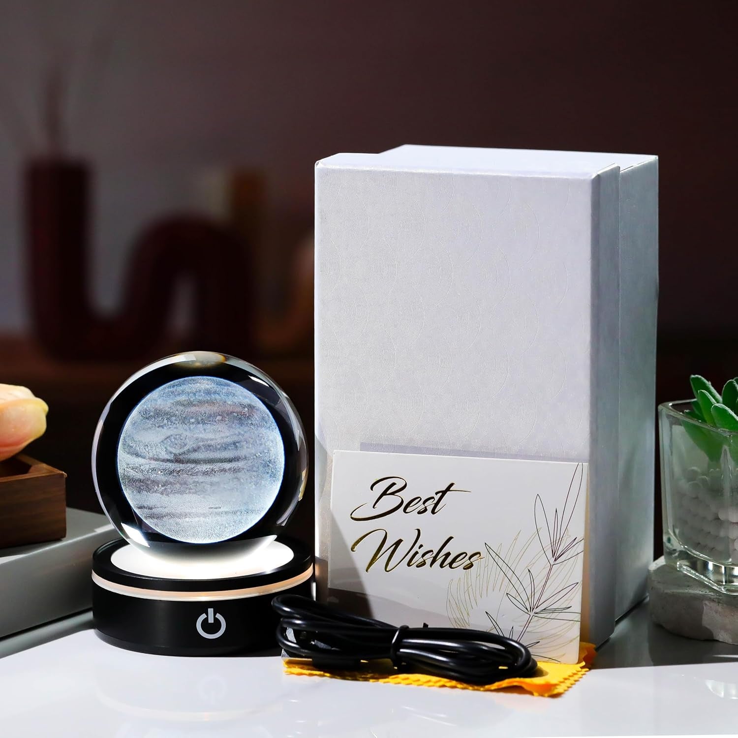 3D Jupiter Model Crystal Ball Led Lamp Base - Space Decor World Globe Planets Sphere Night Light 80Mm 3.15 Inch - Solar System Decor Best Birthday Astronomy Gifts for Men Physics Science Teacher