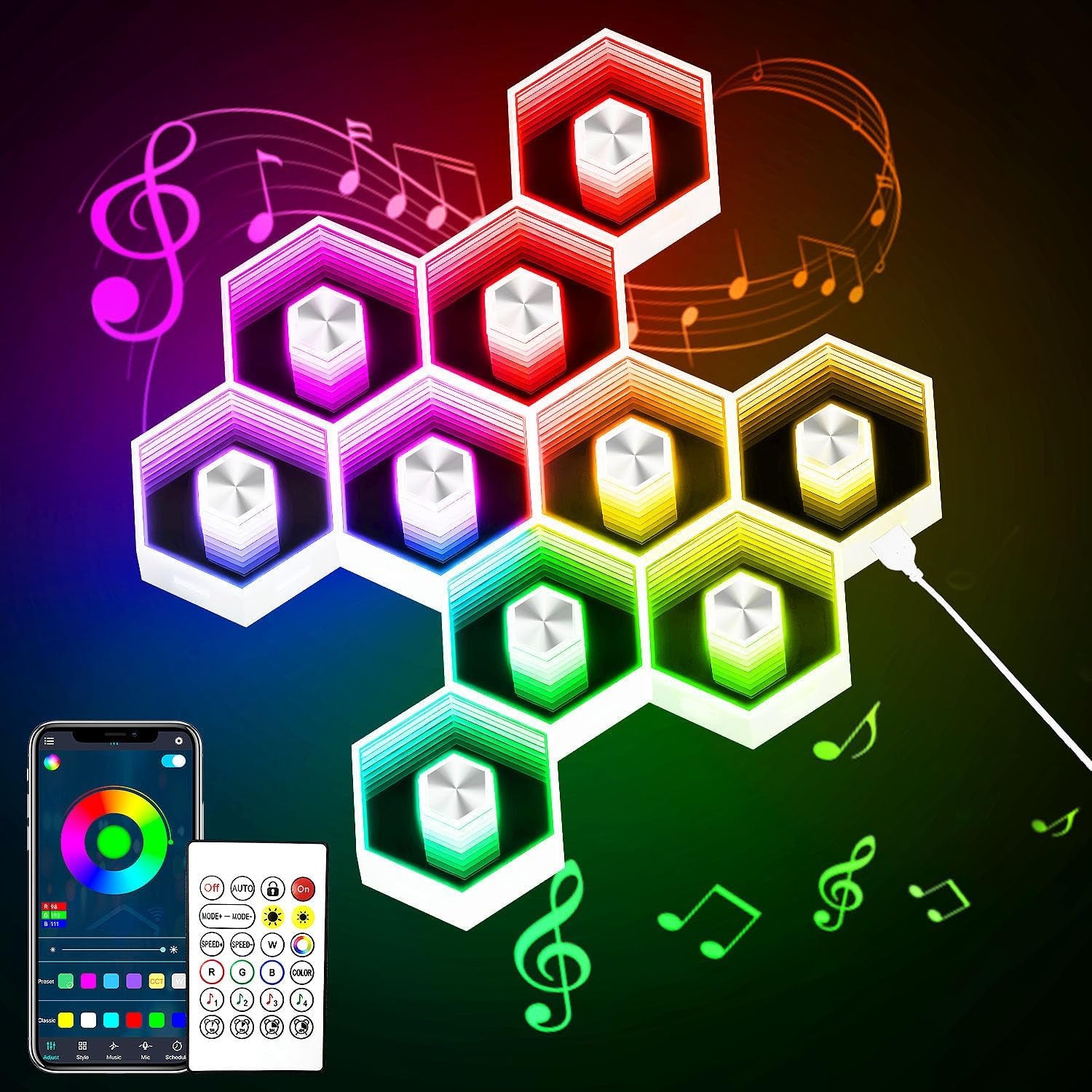 10 Pack Hexagon Lights Wall RGBW Panel - Hexagonal Led Lights Room Decor Wall Lights，With Smart APP Music Sync Honeycomb Shape Panels Hexagon for Gaming Lights Bedroom Children Decor
