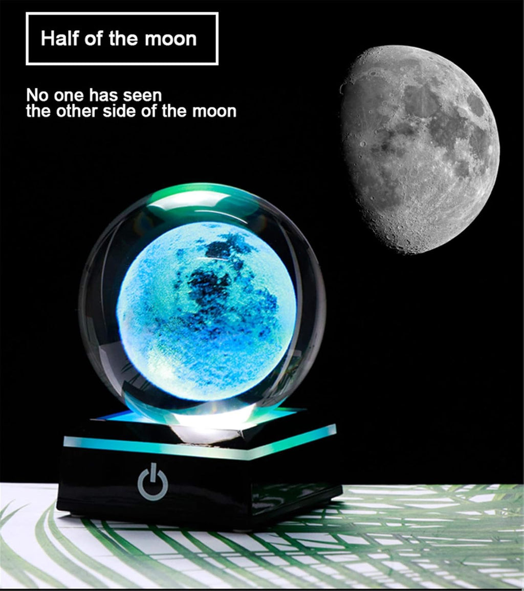 3D Moon Model Crystal Ball Led Lamp Base - Space Decor World Globe Planets Sphere Night Light 80Mm 3.15 Inch - Solar System Decor Best Birthday Astronomy Gifts for Men Physics Science Teacher