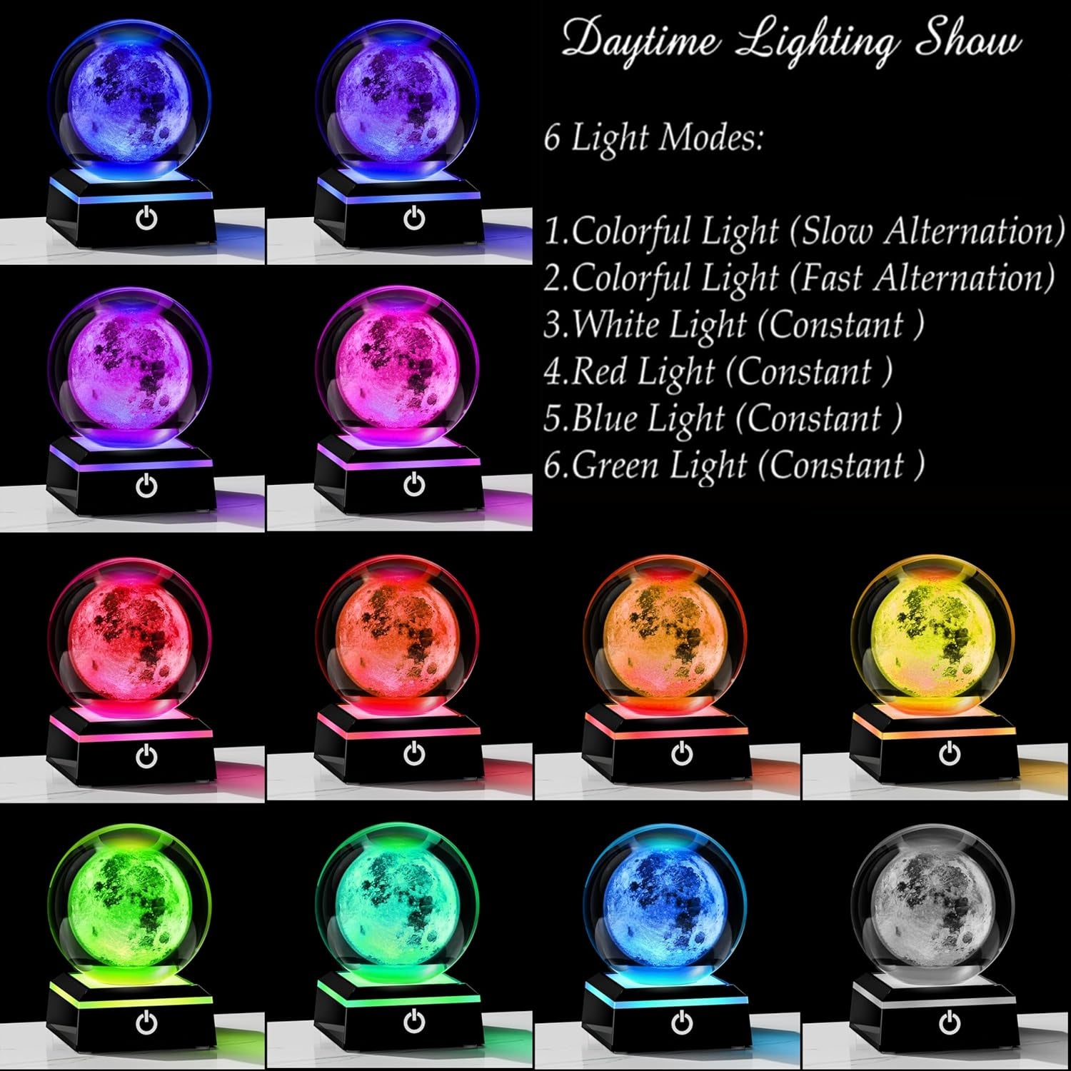 3D Moon Model Crystal Ball Led Lamp Base - Space Decor World Globe Planets Sphere Night Light 80Mm 3.15 Inch - Solar System Decor Best Birthday Astronomy Gifts for Men Physics Science Teacher
