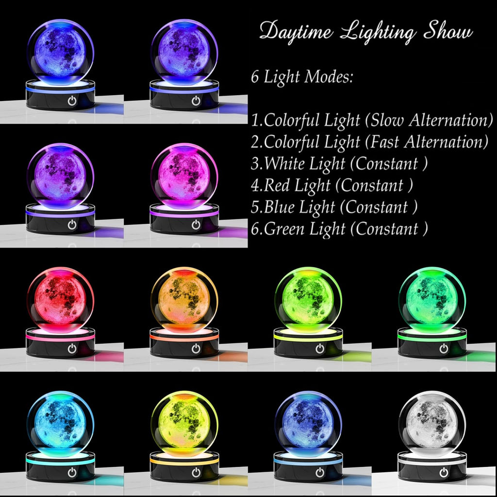 3D Moon Model Crystal Ball Led Lamp Base - Space Decor World Globe Planets Sphere Night Light 80Mm 3.15 Inch - Solar System Decor Best Birthday Astronomy Gifts for Men Physics Science Teacher