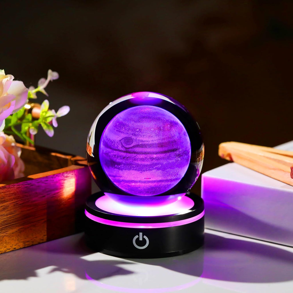 3D Jupiter Model Crystal Ball Led Lamp Base - Space Decor World Globe Planets Sphere Night Light 80Mm 3.15 Inch - Solar System Decor Best Birthday Astronomy Gifts for Men Physics Science Teacher