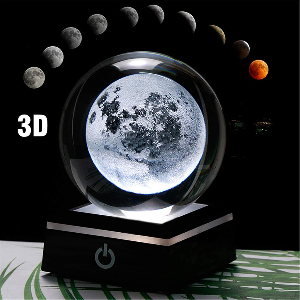 3D Moon Model Crystal Ball Led Lamp Base - Space Decor World Globe Planets Sphere Night Light 80Mm 3.15 Inch - Solar System Decor Best Birthday Astronomy Gifts for Men Physics Science Teacher