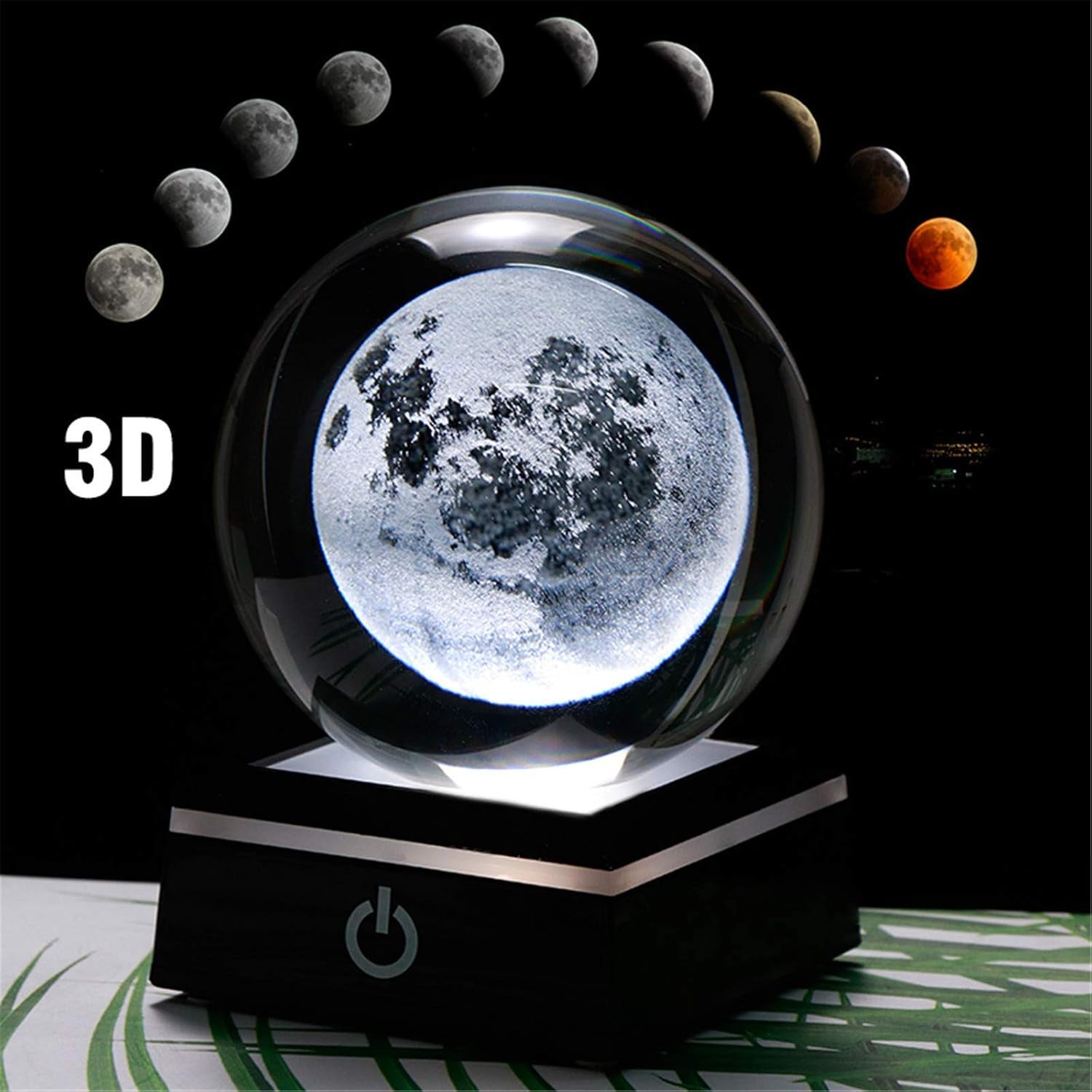 3D Moon Model Crystal Ball Led Lamp Base - Space Decor World Globe Planets Sphere Night Light 80Mm 3.15 Inch - Solar System Decor Best Birthday Astronomy Gifts for Men Physics Science Teacher