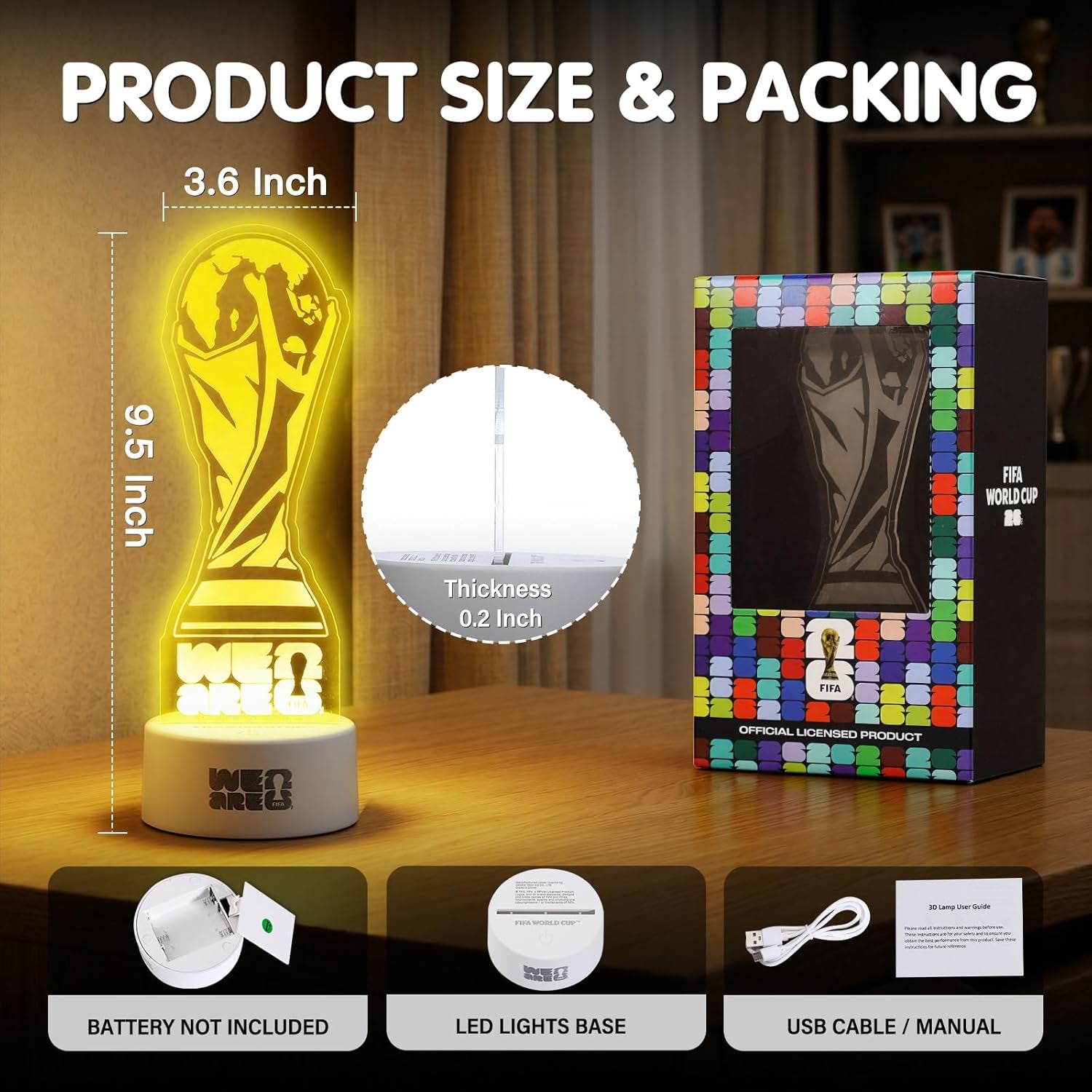 FIFA World Cup 2026 Trophy Night Light, Decoration & Souvenir Acrylic LED Lamp with 7 Colors & 3 Modes, Soccer Gifts for Boys, Girls, Kids, World Cup 2026 Merchandise