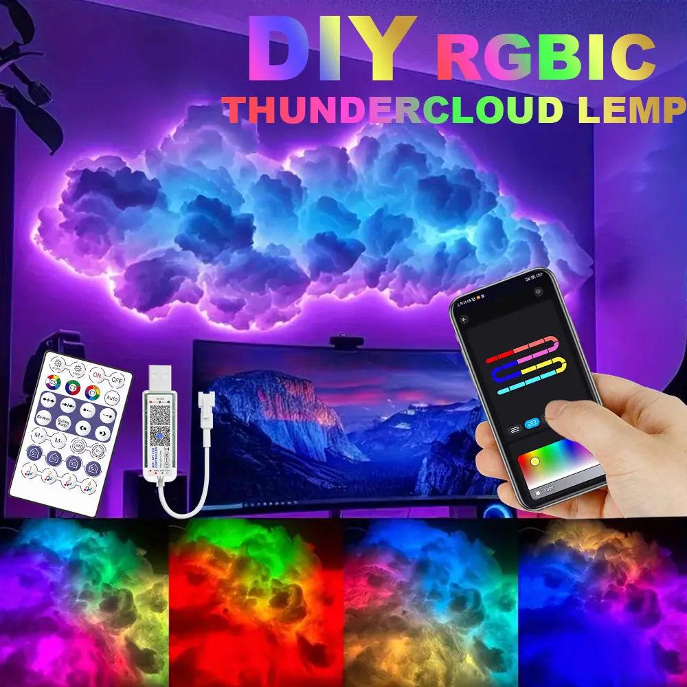 3D Big Cloud Lightning Light 360 Degree Wireless Remote APP Music Sync Multicolor Lightning Smart Cloud Light for Home LED Decor